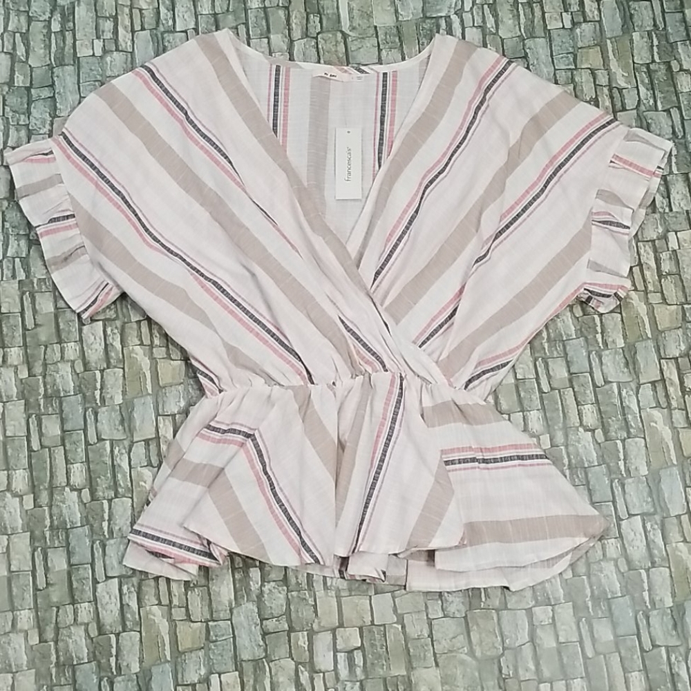Francesca's Collections Striped Wrap Top - Pink and Tan